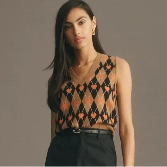 Anthropologie Maeve Sweater Vest Vera Argyle Hearts Size Medium Twee Academia - Picture 3 of 8